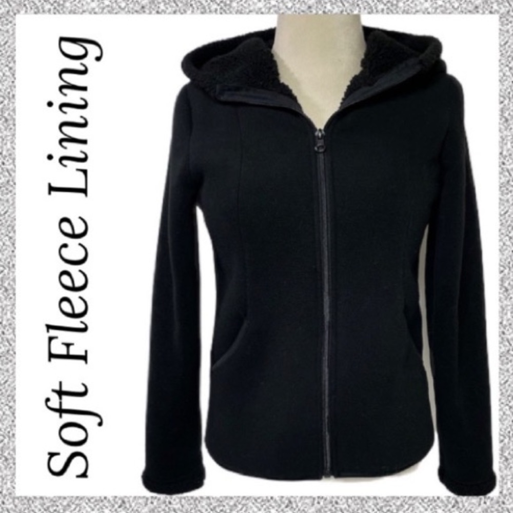 Black Sherpa Fleece Lined Zip Up Hooded Youth Jacket Hoodie Girls Size L 10 - 12